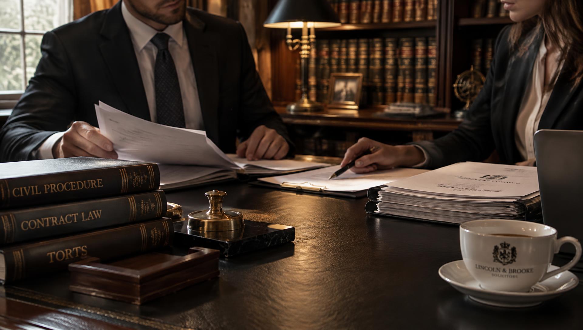 Solicitors reviewing case files in legal chambers